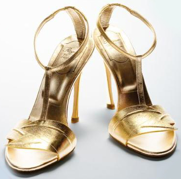 Sandali modello Feuilles d-'or in pelle laminata dorata con cinturini alle caviglie e listini a T